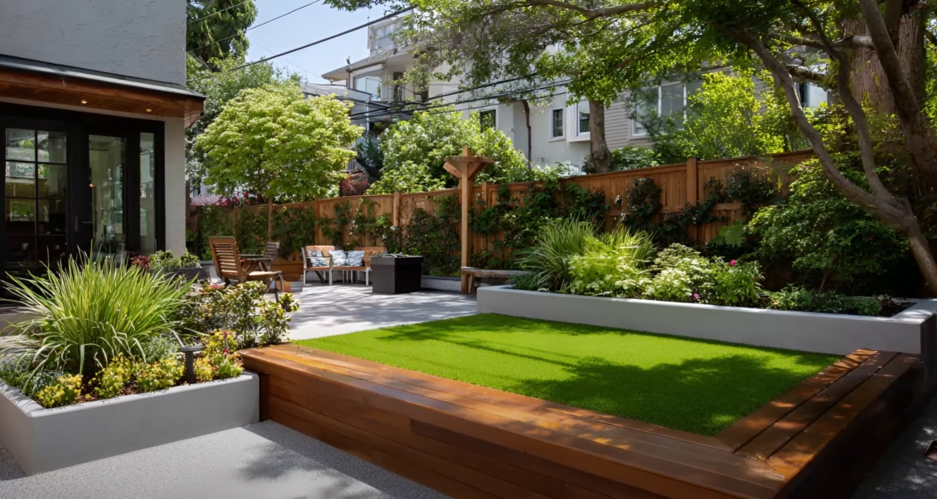 Modern backyard design with raised planters and contemporary outdoor living space